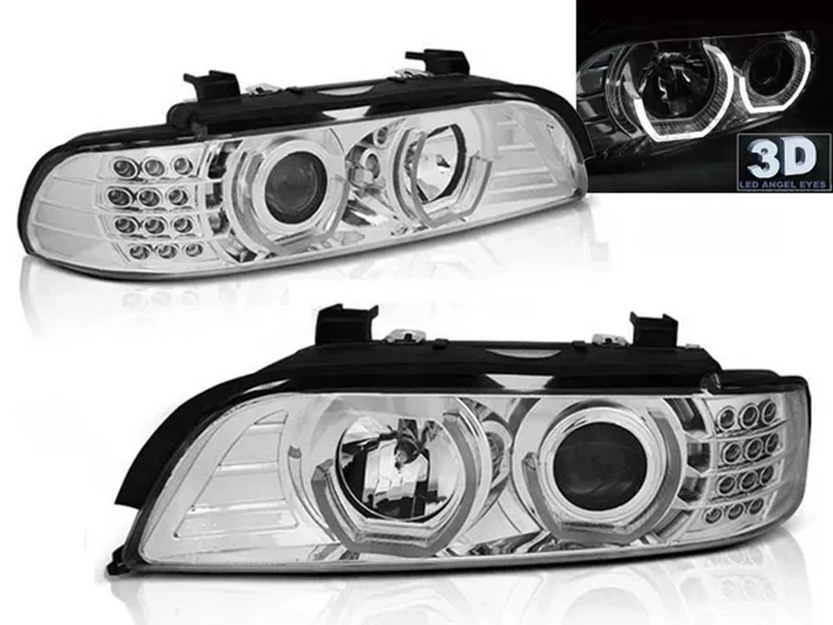 Фари хром BMW E39 (95-04) - 3D ангельські очі (LED повороти)