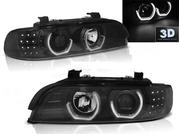 Фари чорні BMW E39 (95-04) - 3D ангельські очі (LED повороти)