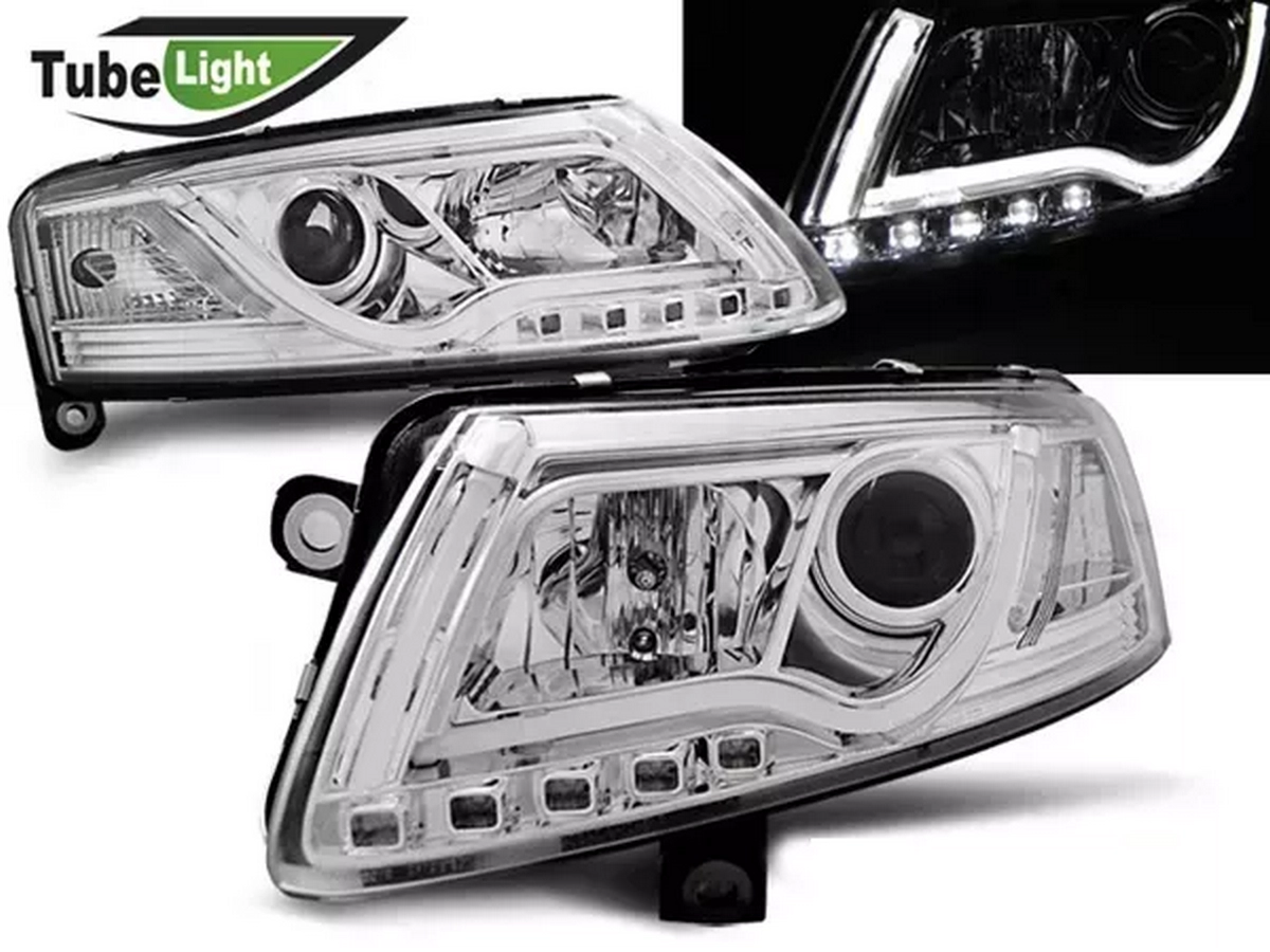 Фари Audi A6 C6 (04-08) - LED Tube Lights хром