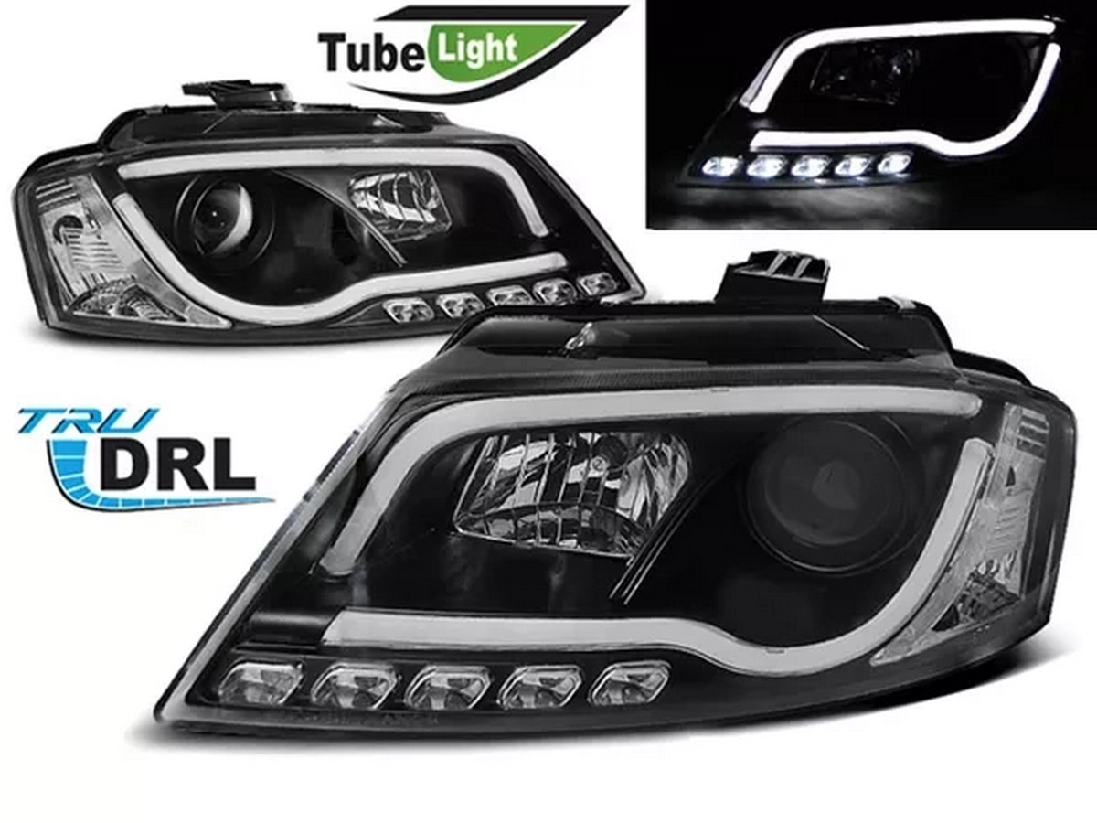 Фари Audi A3 8P (08-12) рестайлінг - Tube Lights TRU DRL чорні