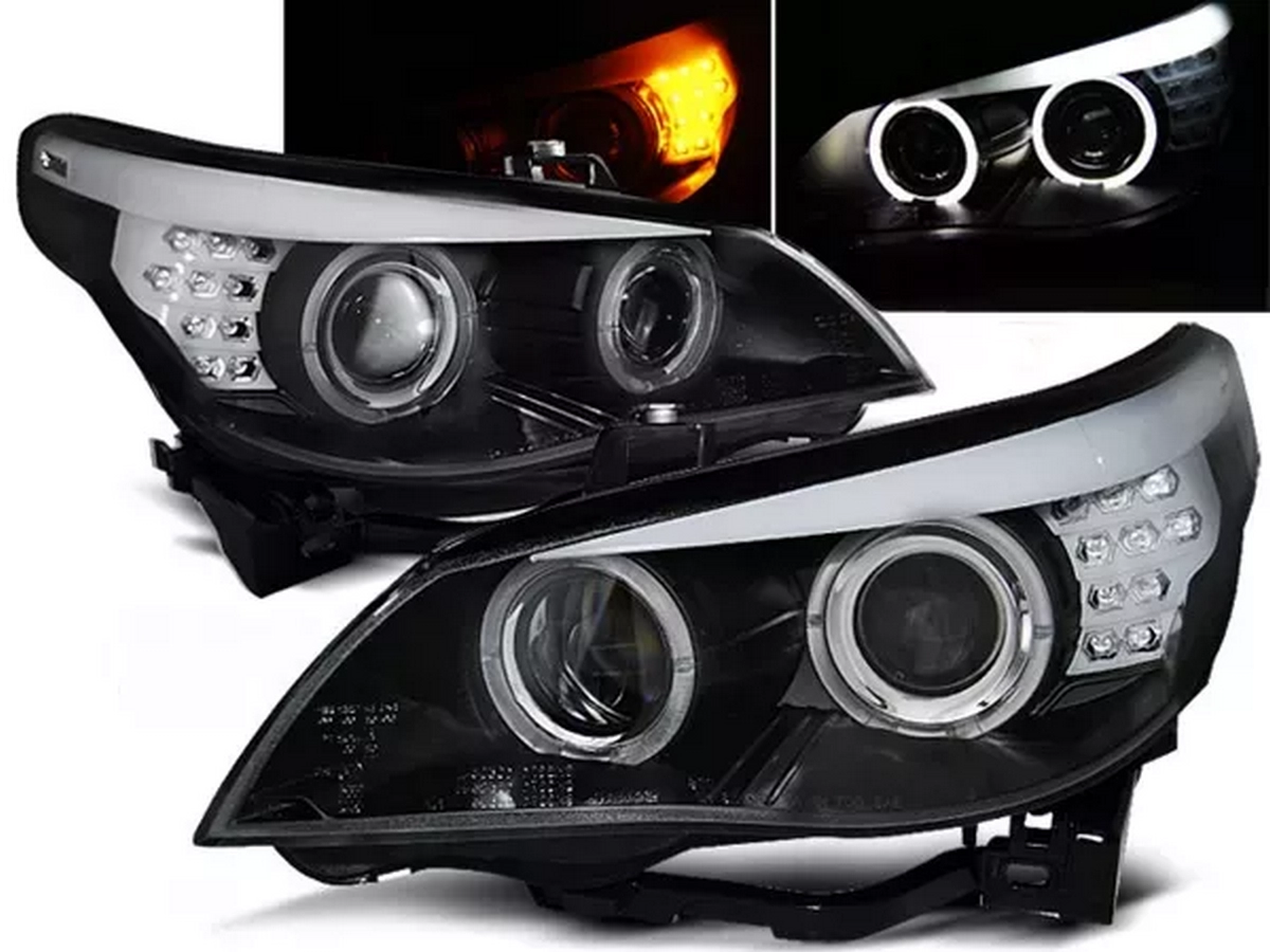 Фари BMW 5 E60 / E61 (03-07) - ангельські очі H7 LED-повороти чорні