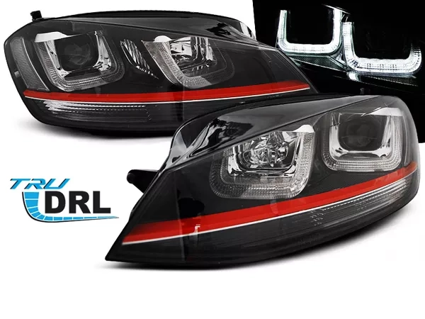 Фари VW Golf 7 (12-17) - U-подібні TRU DRL чорні (червона смуга) GTI стиль