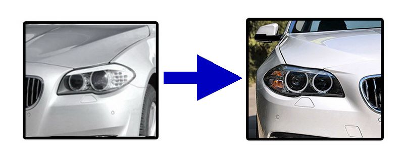 До и после диодных фар передних BMW 5 F10 / F11 (LCI) без AFS