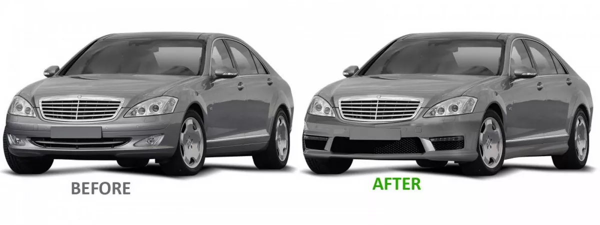 До и после Sport переднего бампера Мерседес W221