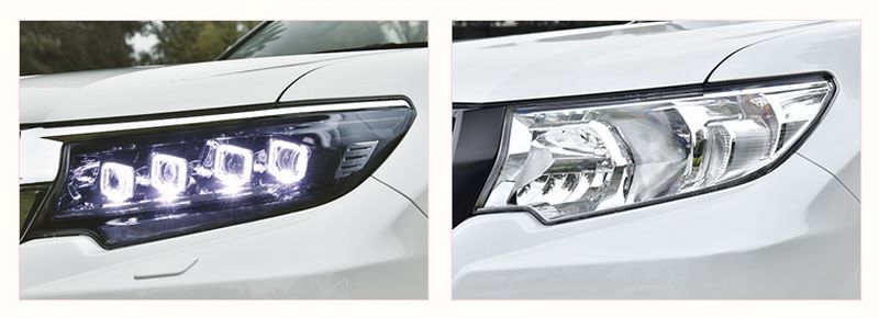 После и до установки фар диодных 4 LED DRL TOYOTA Land Cruiser J150 Prado IV 2018