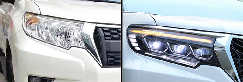 До и после устаановик диодных фар Lexus 3 LED DRL TOYOTA Prado 150 (2018+)